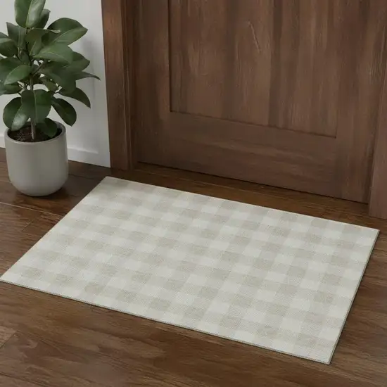 Ivory And Beige Plaid Washable Area Rug With UV Protection Photo 1