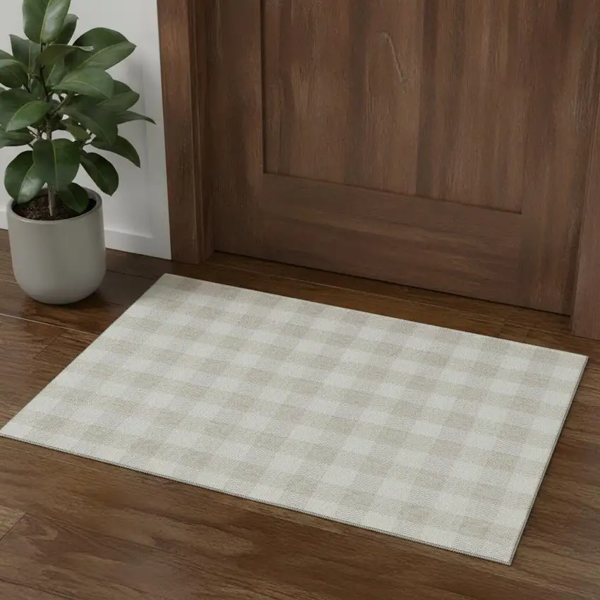 Ivory And Beige Plaid Washable Area Rug With UV Protection Photo 1