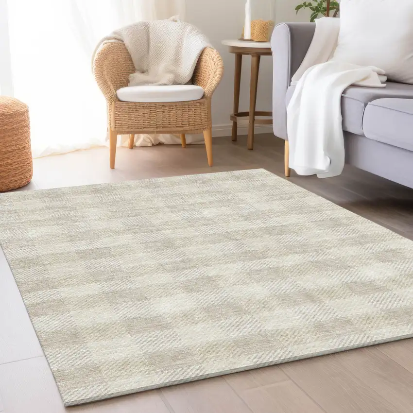 Ivory And Beige Plaid Washable Area Rug With UV Protection Photo 2