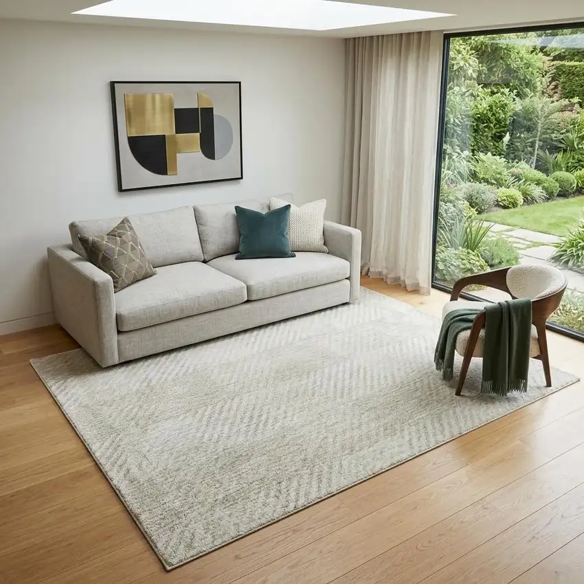 Ivory And Beige Plaid Washable Area Rug With UV Protection Photo 1