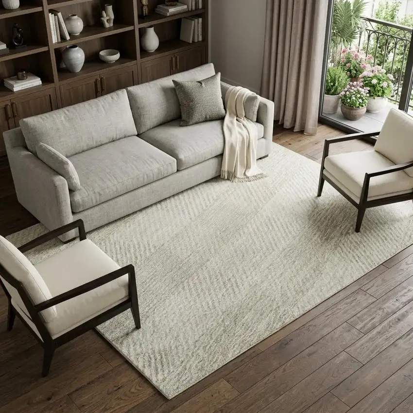 Ivory And Beige Plaid Washable Area Rug With UV Protection Photo 1