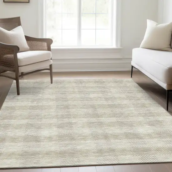 Ivory And Beige Plaid Washable Area Rug With UV Protection Photo 4