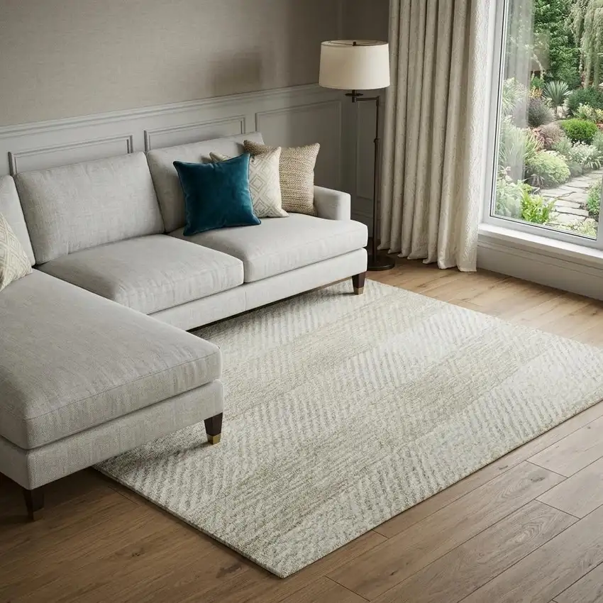 Ivory And Beige Plaid Washable Area Rug With UV Protection Photo 1