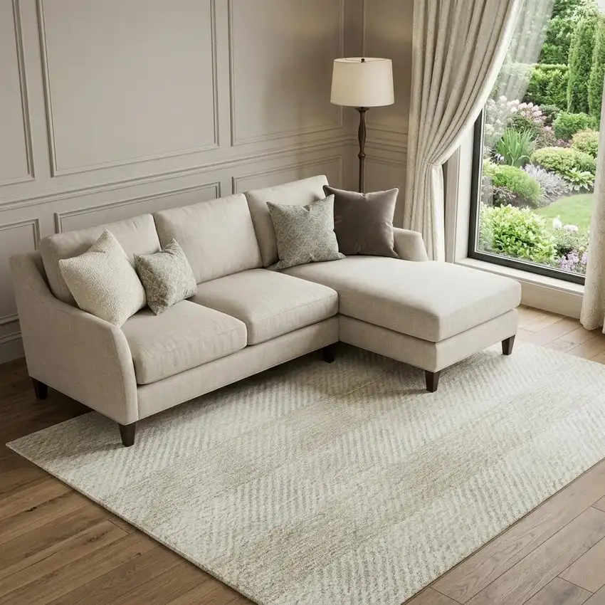 Ivory And Beige Plaid Washable Area Rug With UV Protection Photo 1