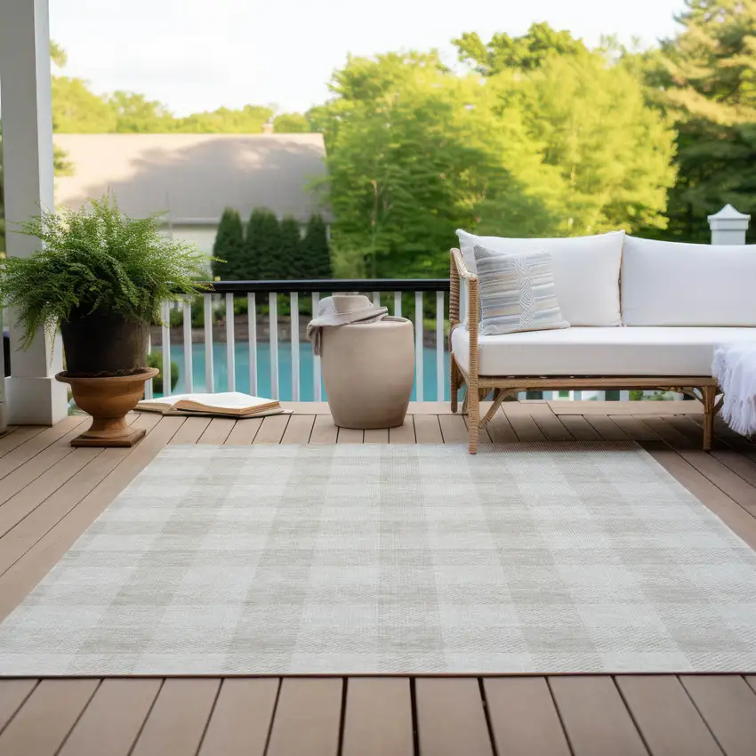 Ivory And Beige Plaid Washable Indoor Outdoor Area Rug Photo 9