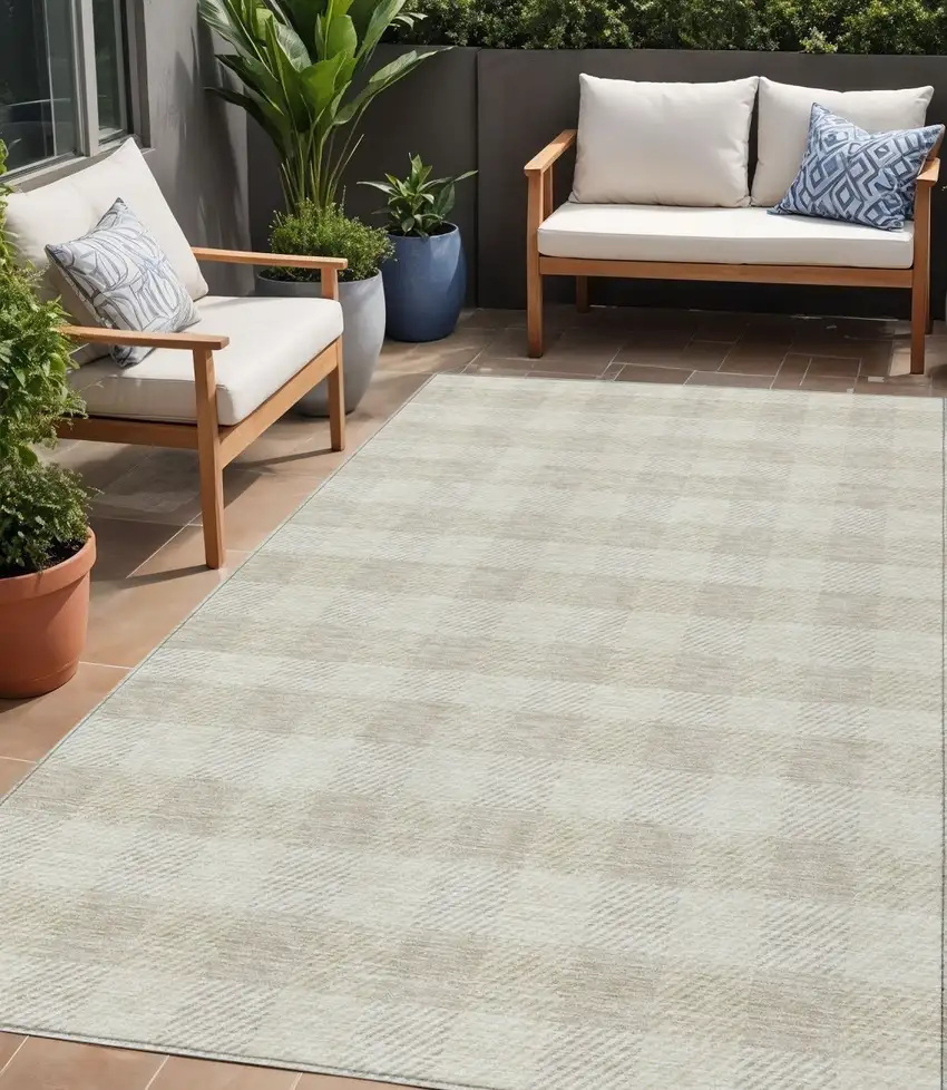 Ivory And Beige Plaid Washable Indoor Outdoor Area Rug Photo 1