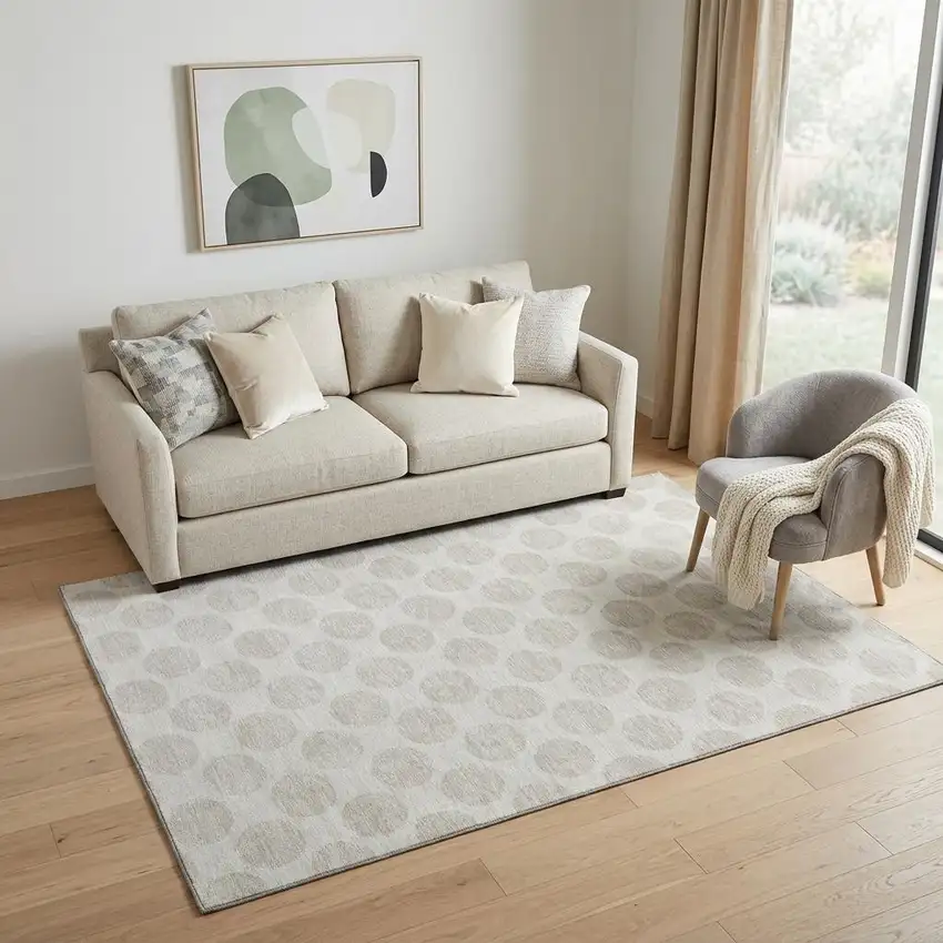 Ivory And Beige Polka Dot Washable Area Rug With UV Protection Photo 1