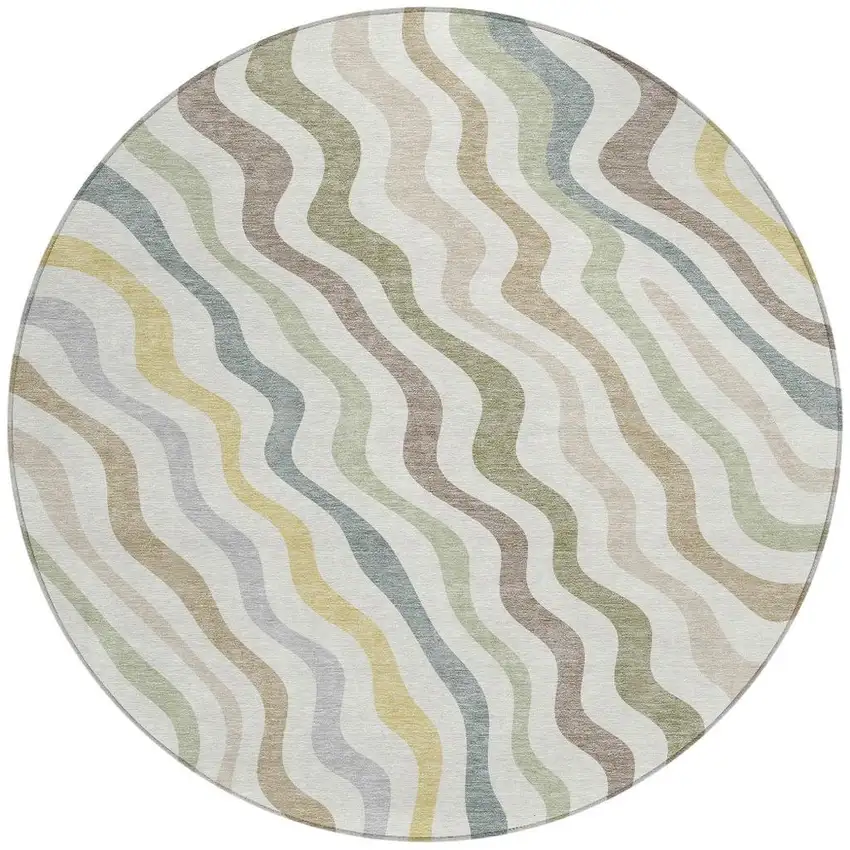Ivory And Beige Round Abstract Washable Indoor Outdoor Area Rug Photo 3