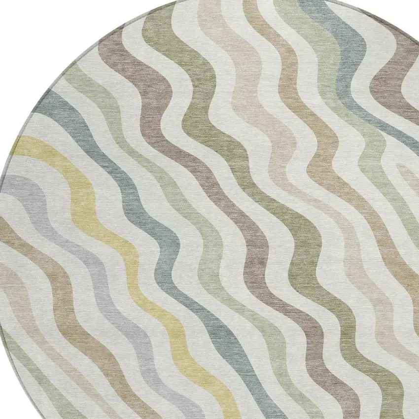 Ivory And Beige Round Abstract Washable Indoor Outdoor Area Rug Photo 2
