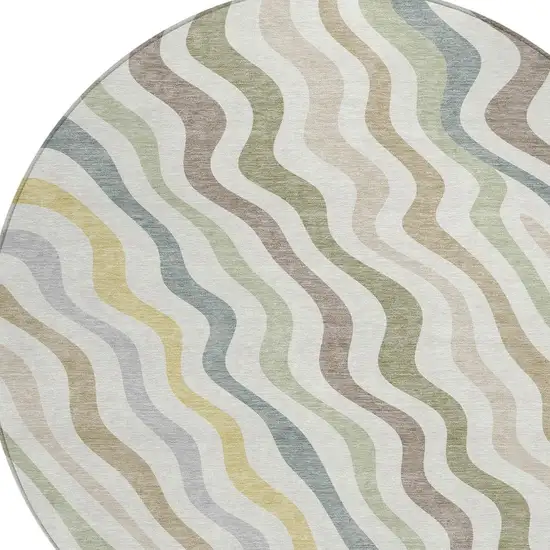 Ivory And Beige Round Abstract Washable Indoor Outdoor Area Rug Photo 2