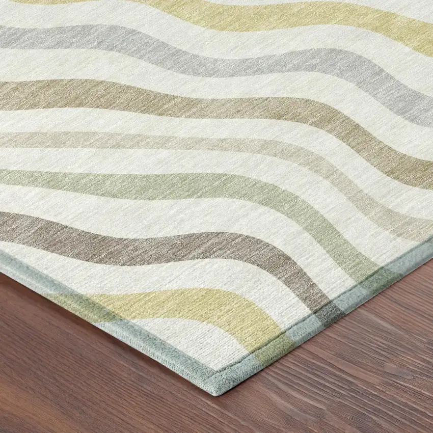 Ivory And Beige Round Abstract Washable Indoor Outdoor Area Rug Photo 4