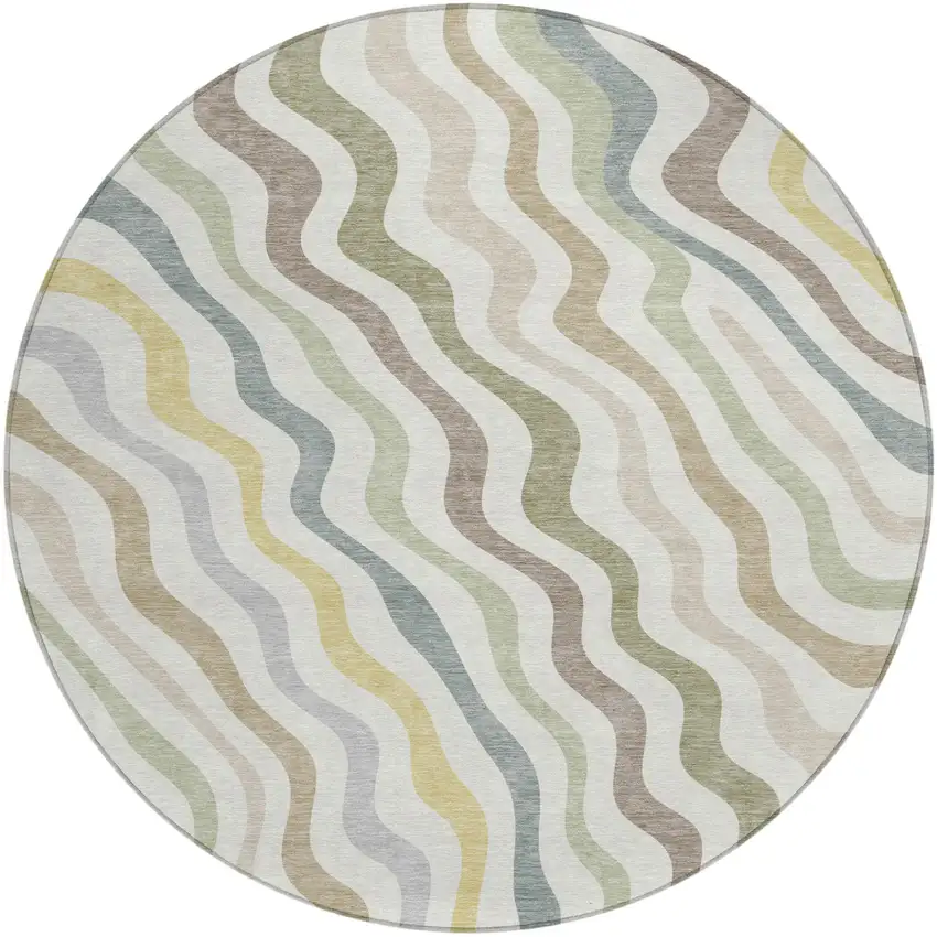 Ivory And Beige Round Abstract Washable Indoor Outdoor Area Rug Photo 1