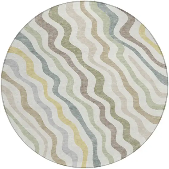 Ivory And Beige Round Abstract Washable Indoor Outdoor Area Rug Photo 1
