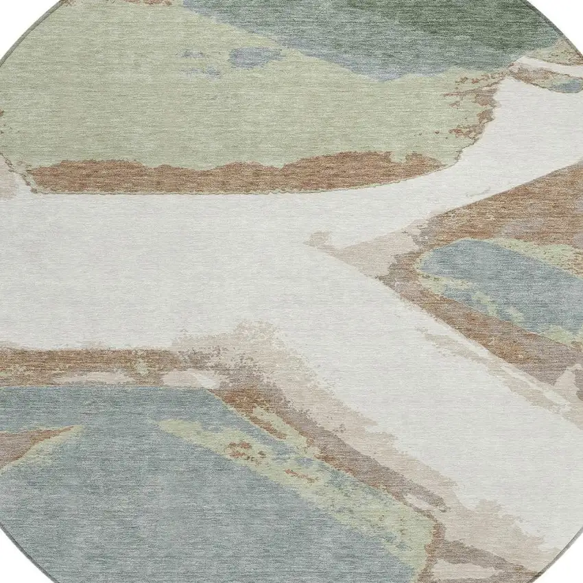 Ivory And Beige Round Abstract Washable Indoor Outdoor Area Rug Photo 2