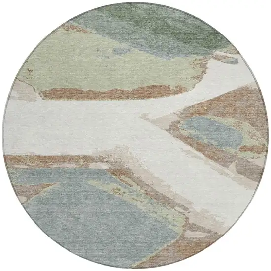 Ivory And Beige Round Abstract Washable Indoor Outdoor Area Rug Photo 3