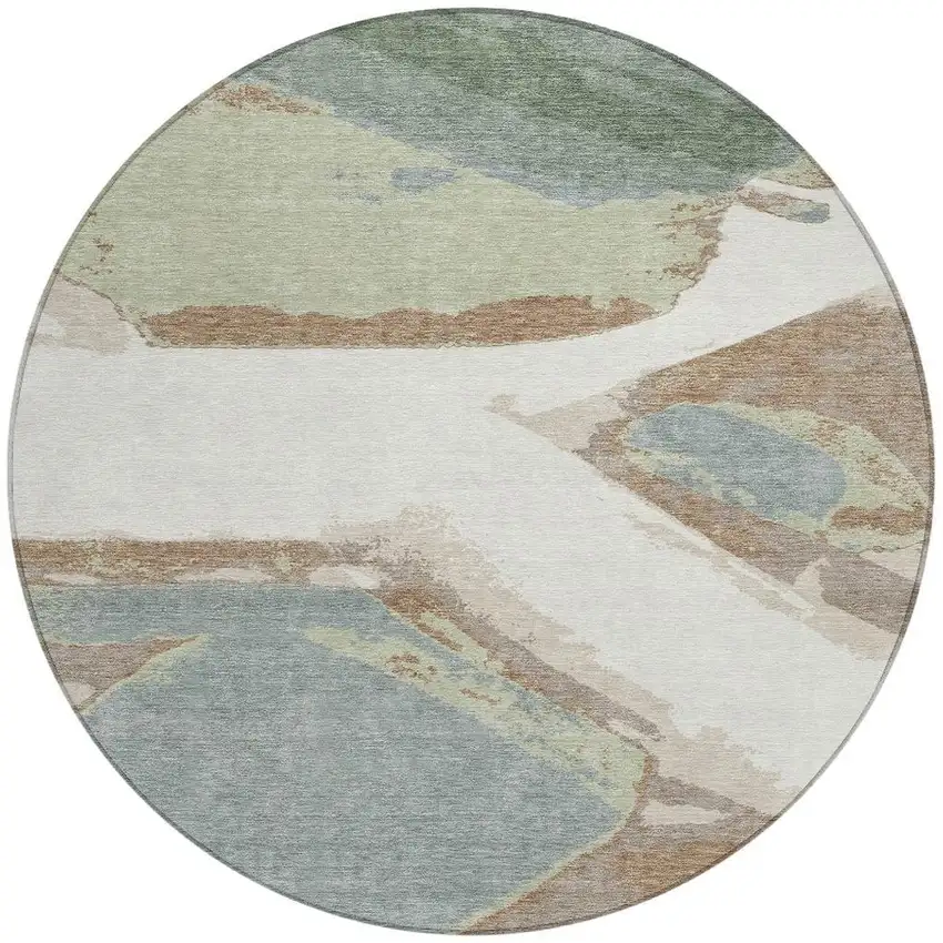 Ivory And Beige Round Abstract Washable Indoor Outdoor Area Rug Photo 3