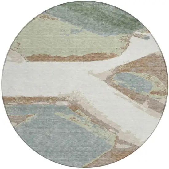 Ivory And Beige Round Abstract Washable Indoor Outdoor Area Rug Photo 1