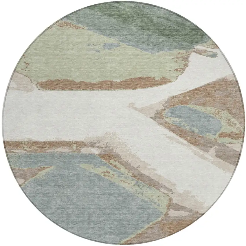 Ivory And Beige Round Abstract Washable Indoor Outdoor Area Rug Photo 1