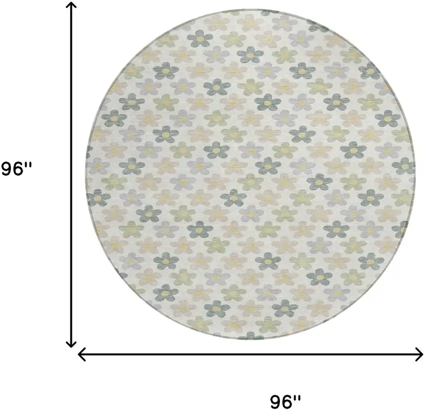 Ivory And Beige Round Floral Washable Indoor Outdoor Area Rug Photo 6