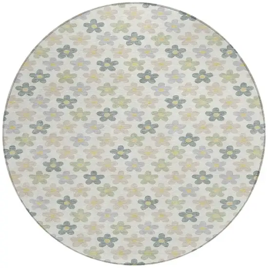 Ivory And Beige Round Floral Washable Indoor Outdoor Area Rug Photo 3