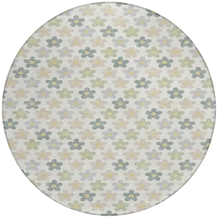 Ivory And Beige Round Floral Washable Indoor Outdoor Area Rug Photo 3