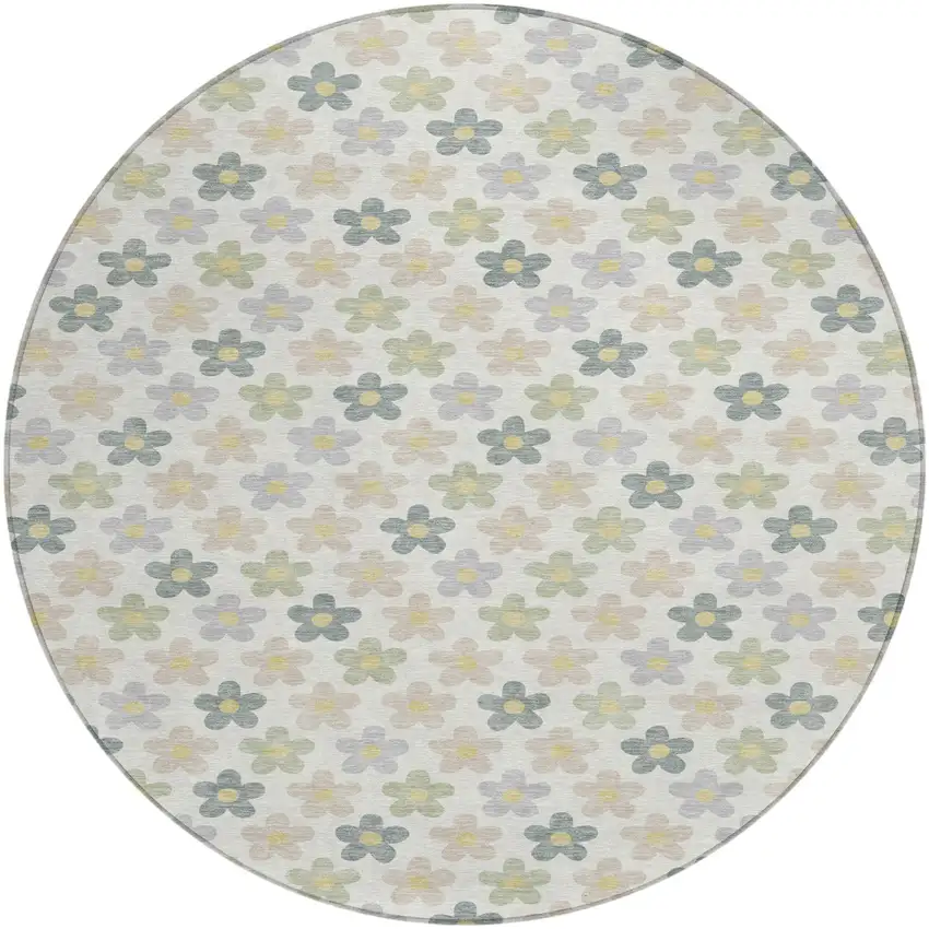 Ivory And Beige Round Floral Washable Indoor Outdoor Area Rug Photo 1