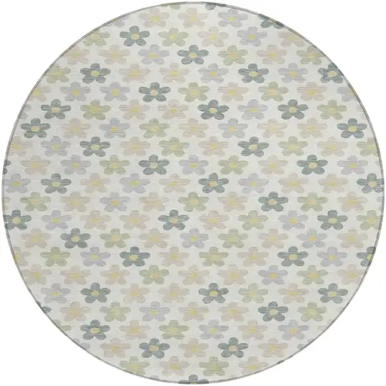 Ivory And Beige Round Floral Washable Indoor Outdoor Area Rug Photo 1