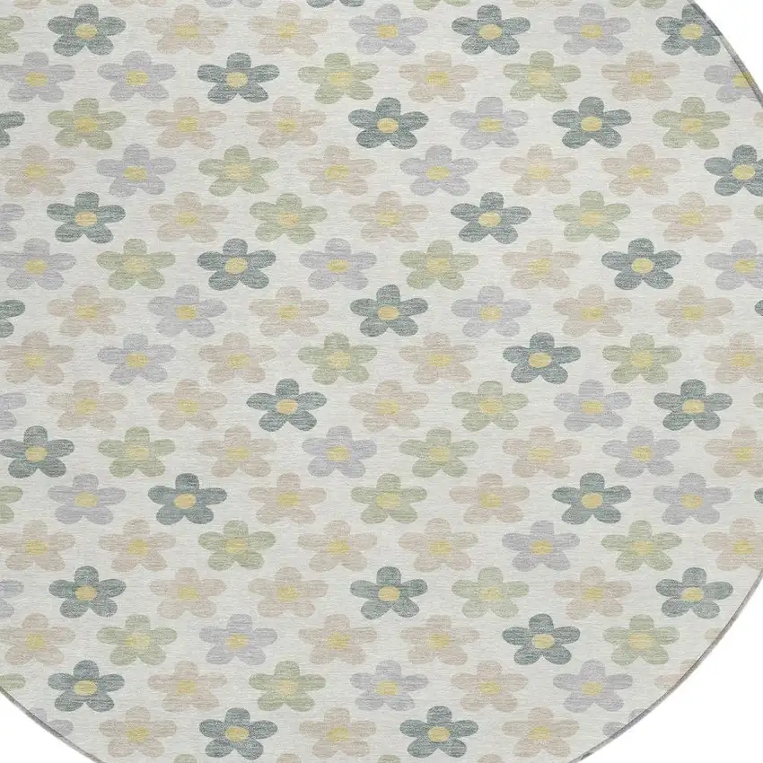 Ivory And Beige Round Floral Washable Indoor Outdoor Area Rug Photo 2