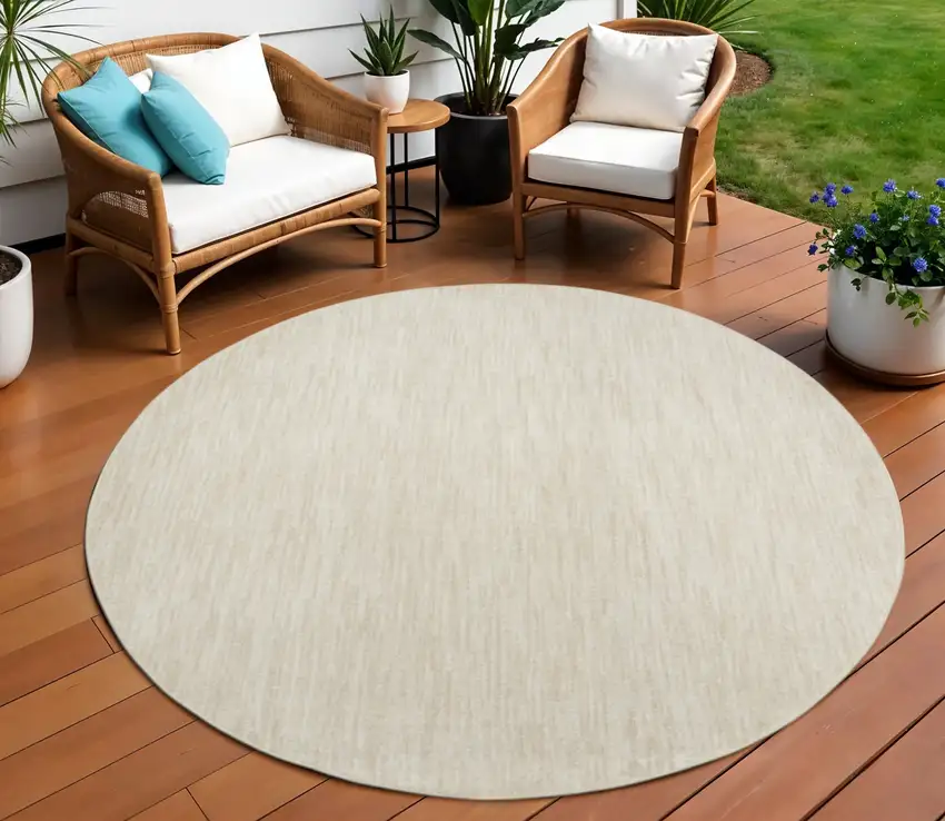 Beige And Ivory Round Indoor Outdoor Area Rug Photo 2
