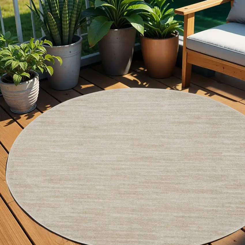 Beige And Ivory Round Indoor Outdoor Area Rug Photo 2