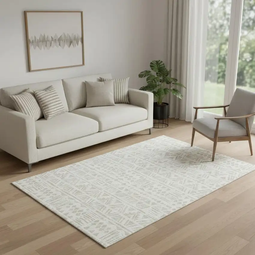 Ivory And Beige Southwestern Washable Area Rug With UV Protection Photo 1