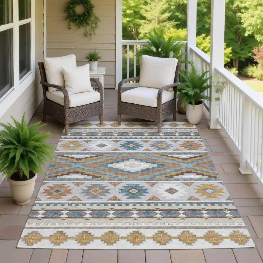 Ivory And Beige Southwestern Washable Indoor Outdoor Area Rug Photo 7