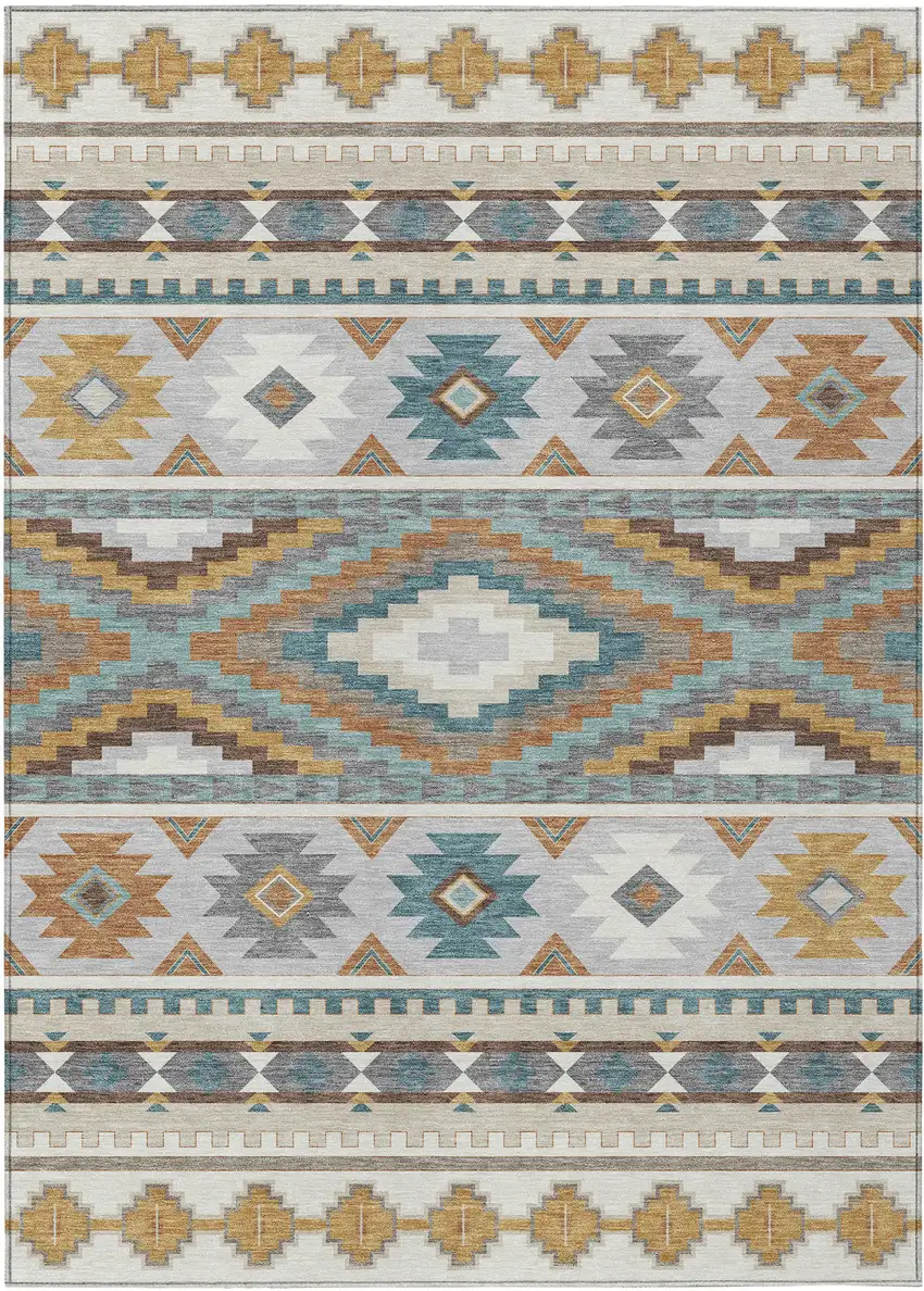 Ivory And Beige Southwestern Washable Indoor Outdoor Area Rug Photo 1