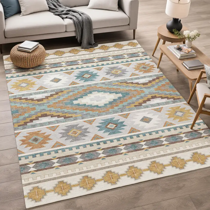 Ivory And Beige Southwestern Washable Indoor Outdoor Area Rug Photo 5