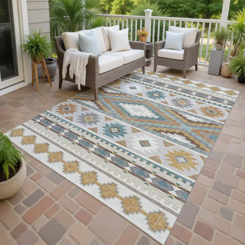 Ivory And Beige Southwestern Washable Indoor Outdoor Area Rug Photo 4