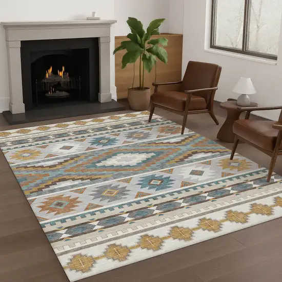 Ivory And Beige Southwestern Washable Indoor Outdoor Area Rug Photo 6
