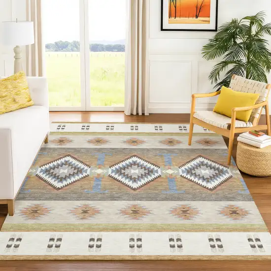 Ivory And Beige Southwestern Washable Indoor Outdoor Area Rug Photo 6