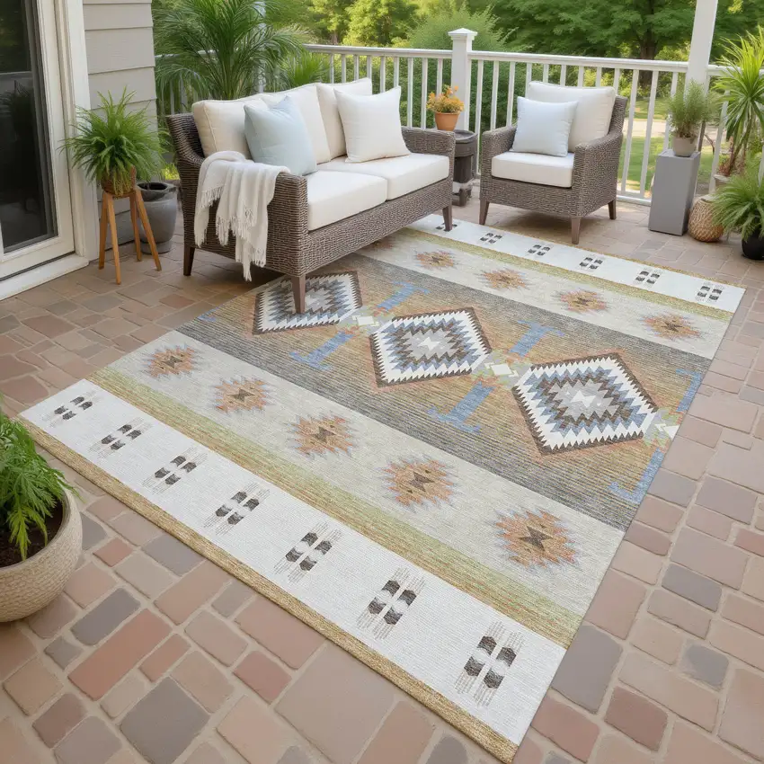 Ivory And Beige Southwestern Washable Indoor Outdoor Area Rug Photo 4