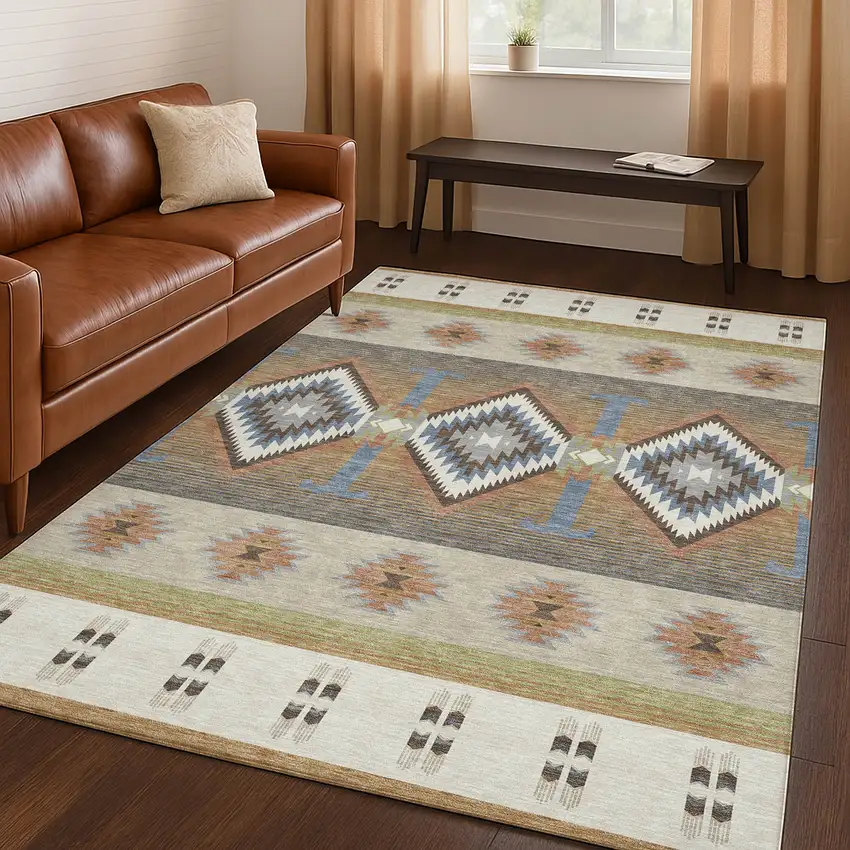 Ivory And Beige Southwestern Washable Indoor Outdoor Area Rug Photo 5