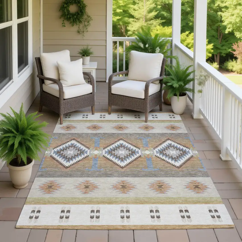 Ivory And Beige Southwestern Washable Indoor Outdoor Area Rug Photo 7