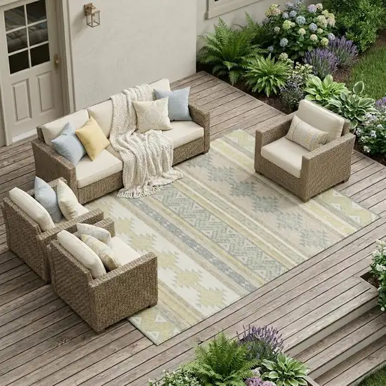 Ivory And Beige Southwestern Washable Indoor Outdoor Area Rug Photo 1