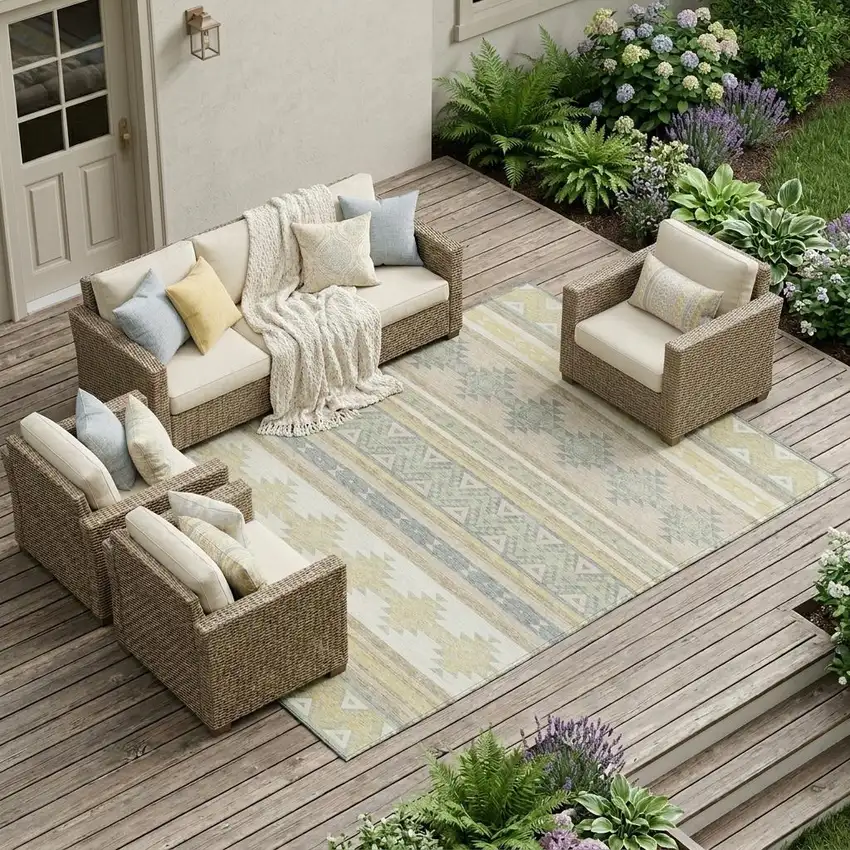Ivory And Beige Southwestern Washable Indoor Outdoor Area Rug Photo 1