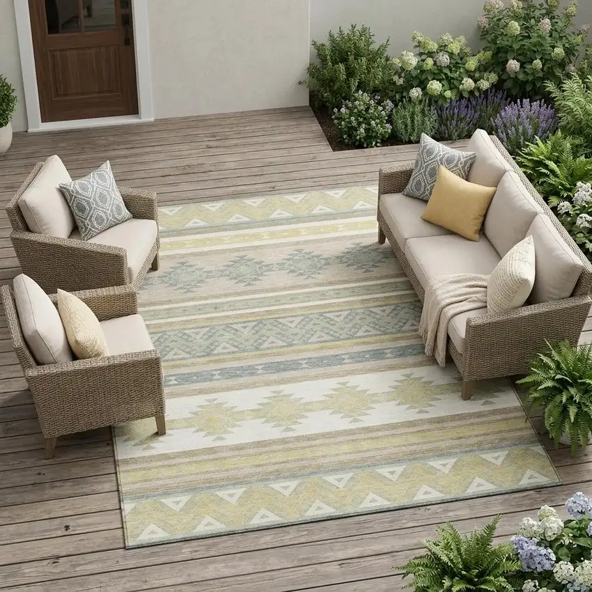 Ivory And Beige Southwestern Washable Indoor Outdoor Area Rug Photo 1