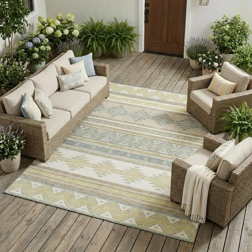 Ivory And Beige Southwestern Washable Indoor Outdoor Area Rug Photo 1