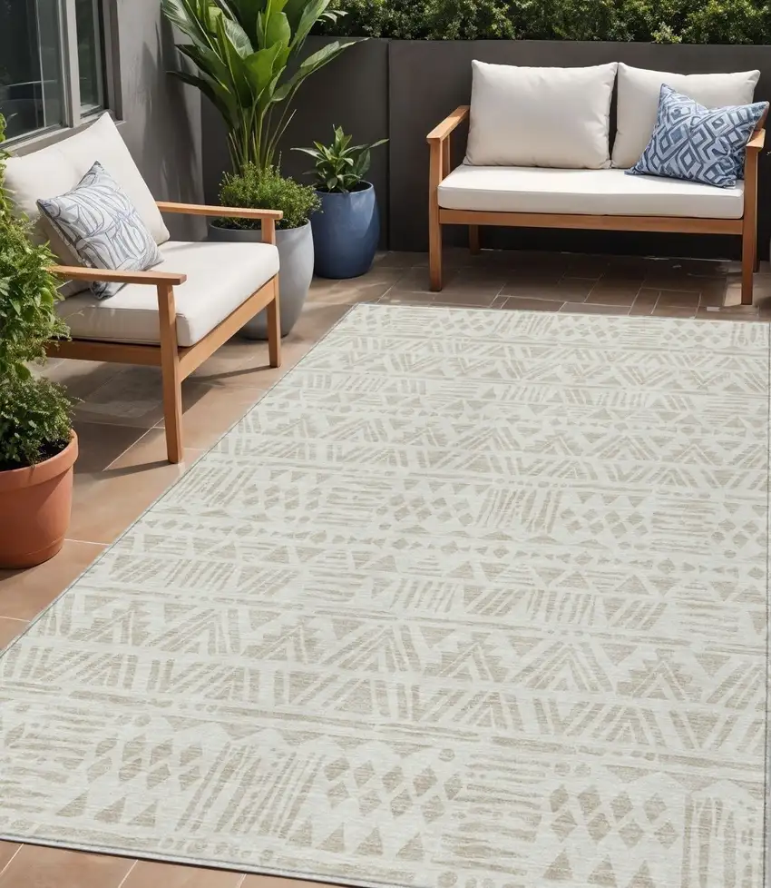 Ivory And Beige Southwestern Washable Indoor Outdoor Area Rug Photo 1