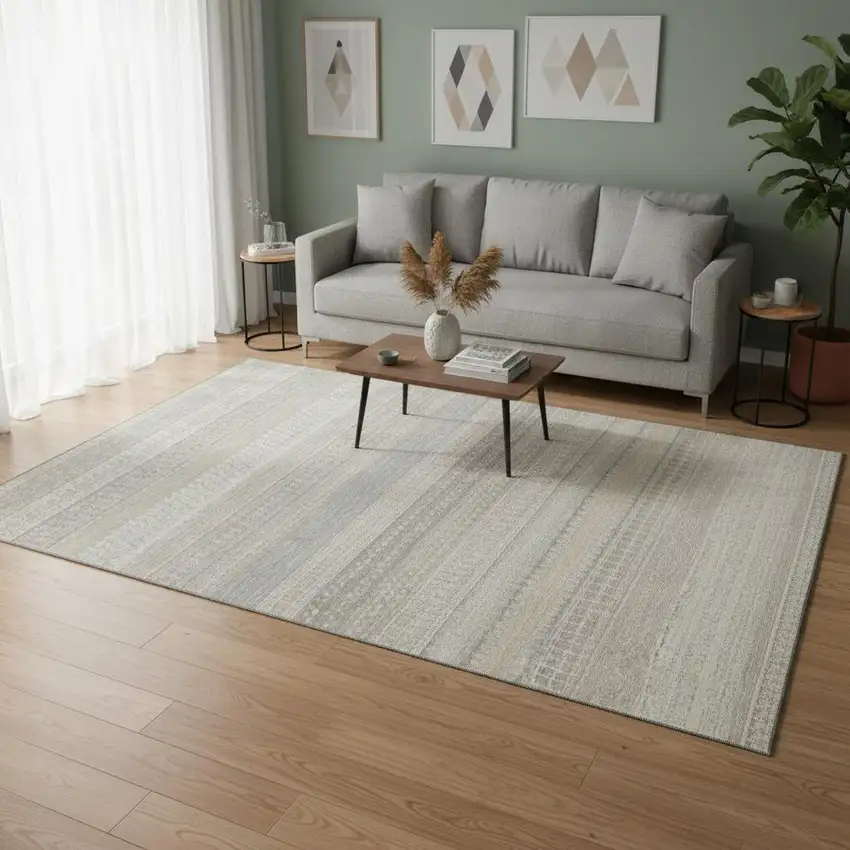 Ivory And Beige Striped Washable Area Rug With UV Protection Photo 2