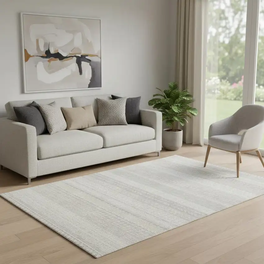 Ivory And Beige Striped Washable Area Rug With UV Protection Photo 1