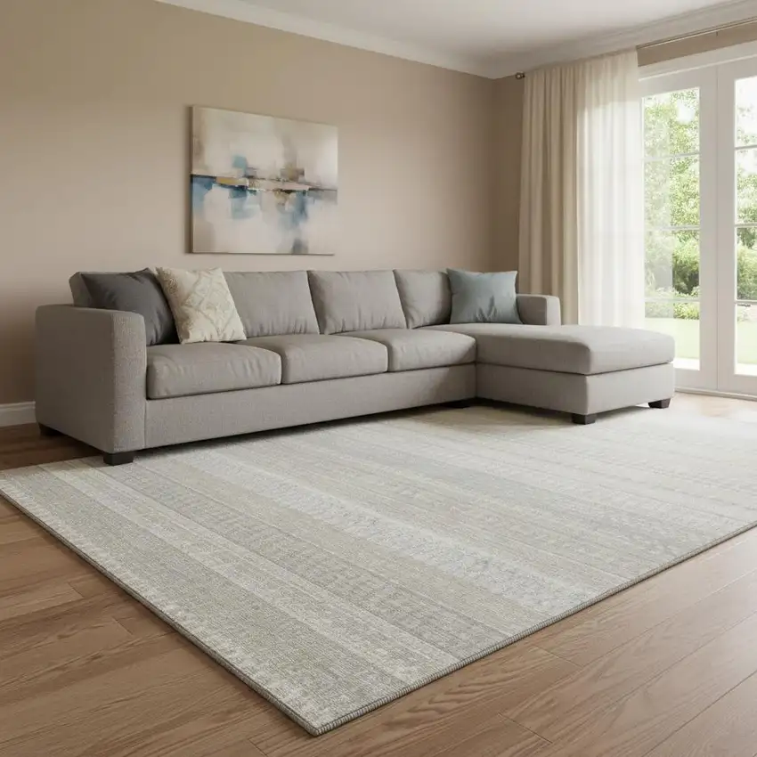 Ivory And Beige Striped Washable Area Rug With UV Protection Photo 1