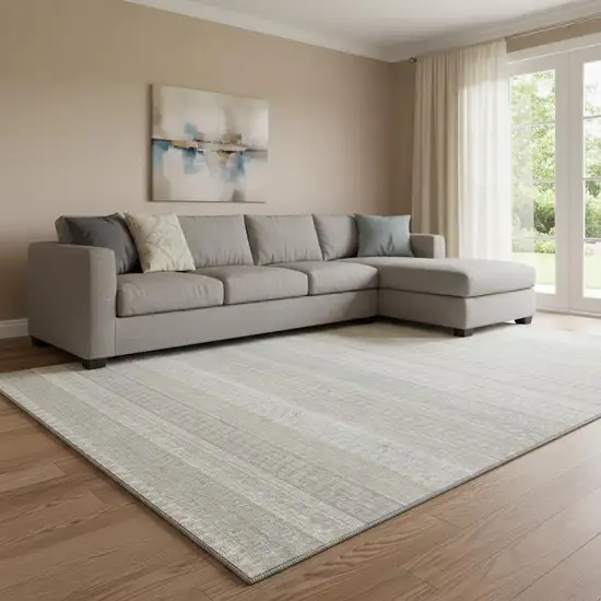 Ivory And Beige Striped Washable Area Rug With UV Protection Photo 1