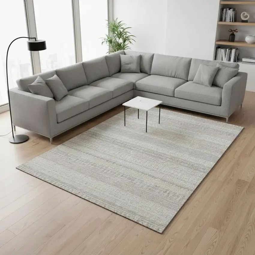 Ivory And Beige Striped Washable Area Rug With UV Protection Photo 2